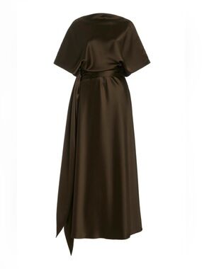 NWT New Brandon Maxwell Women's Draped Silk Maxi Dress Dark Olive Green Size 14